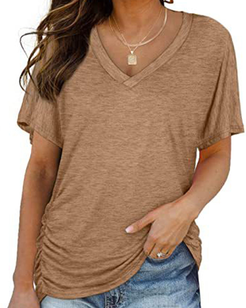 T-shirt Plissé Monocromatico con Scollo a V