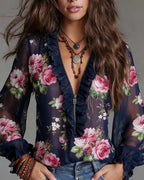 Blusa con volant al fondo e cerniera corta, stampa floreale