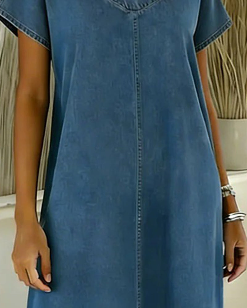 Abito Casual Scollo a V Manica Corta in Denim