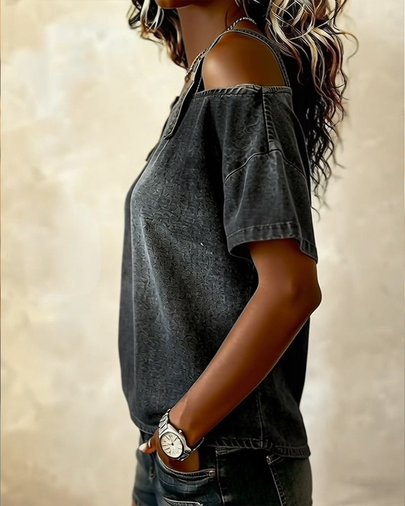 Camicetta a spalla scoperta in denim con bretelle