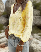 Blusa Floreale Scollo a V Maniche a sbuffo