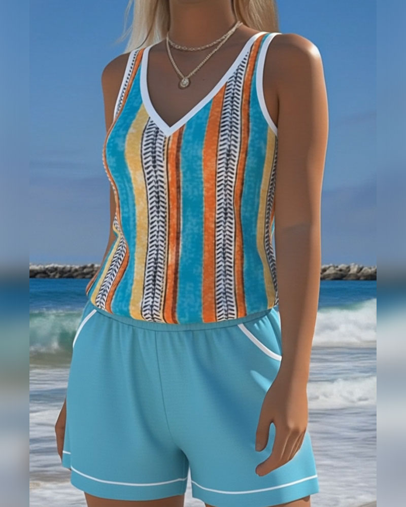 Tankini Costume Da Bagno Con Scollo A V Stampato