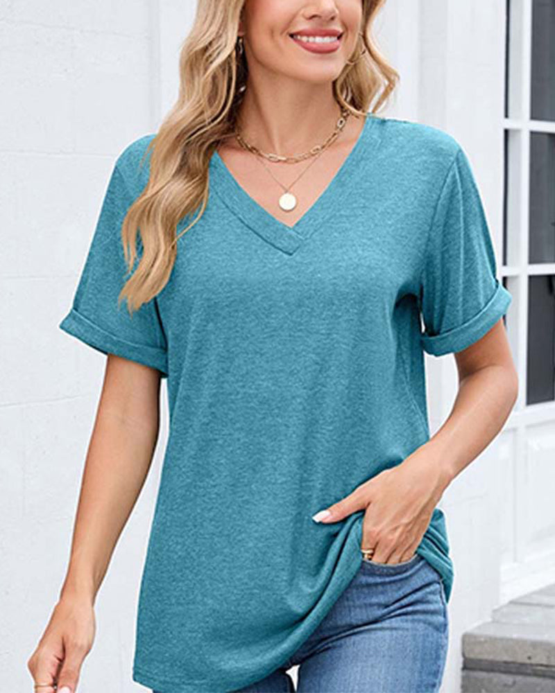 T-shirt a tinta unita con scollo a V casual a maniche corte