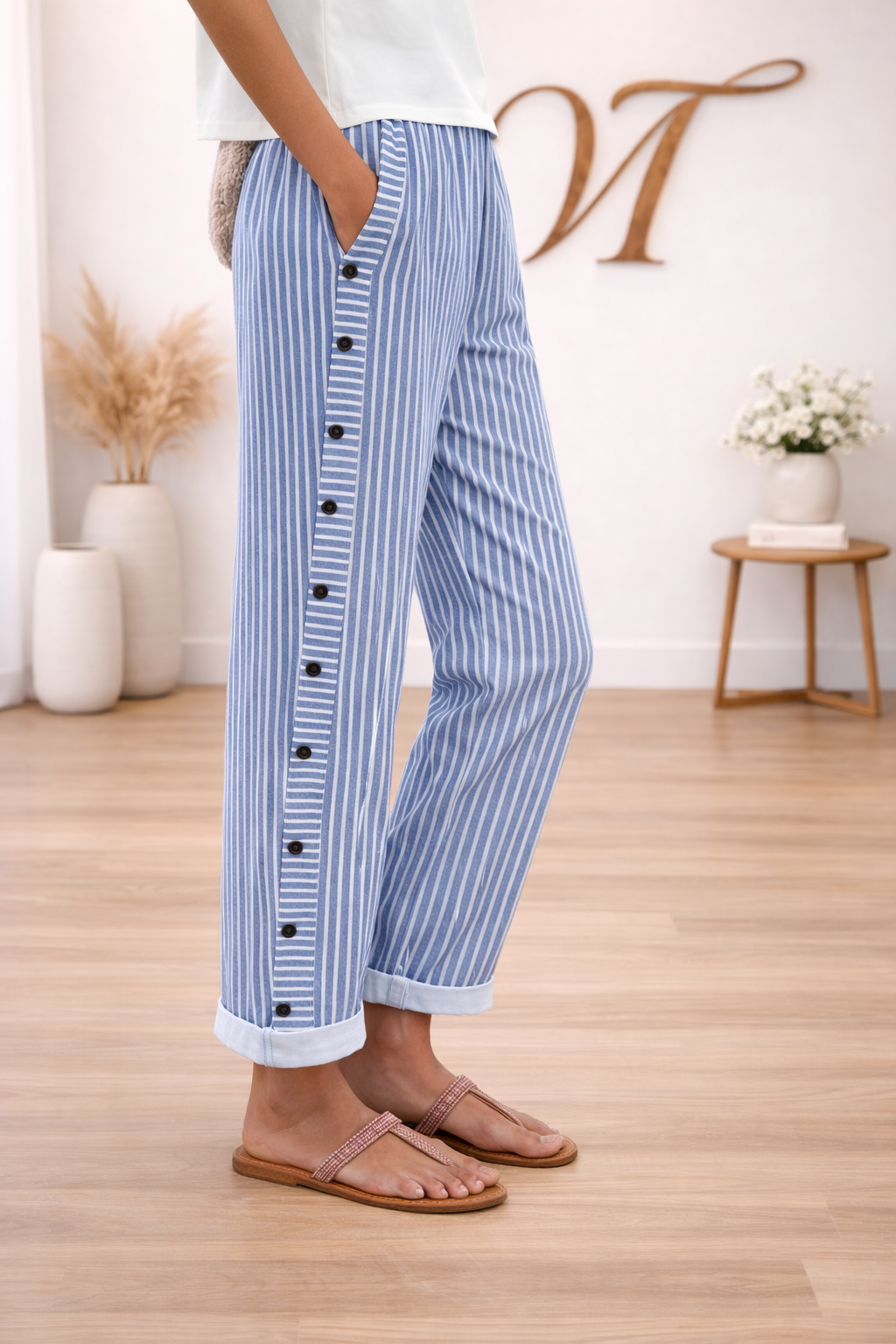 Pantaloni di lino a righe con tasche – freschi, comodi ed eleganti