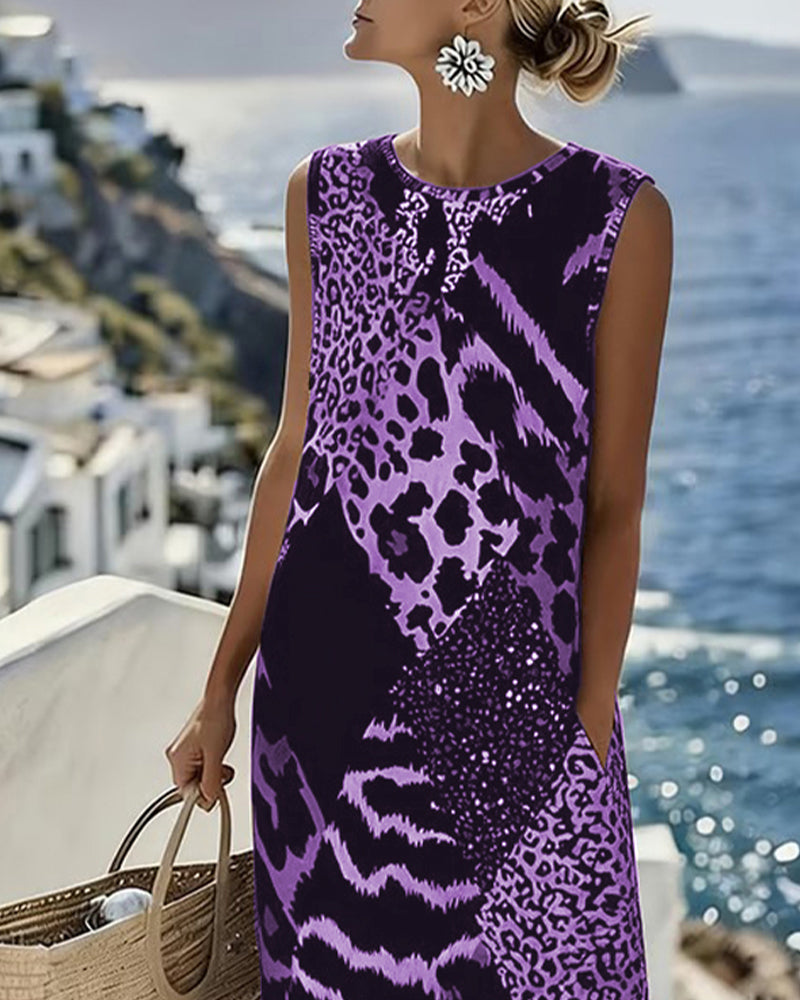 Vestito lungo senza maniche con stampa leopardata patchwork