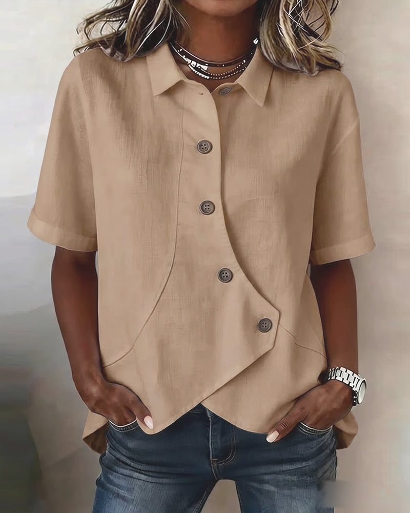 Camicia con Patta in Cotone-lino Asimmetrica abbottonata