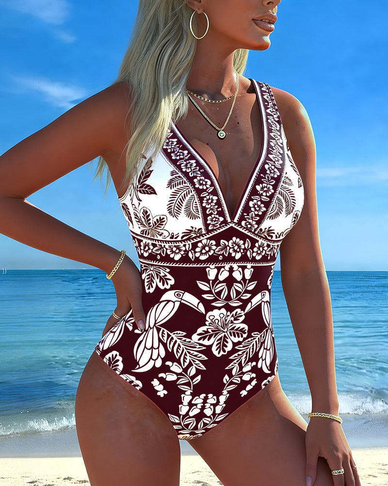 Costume intero con fiori e uccelli tropicali