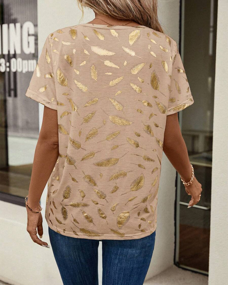 T-Shirt con scollo a V stampa foglie casual