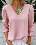 T-shirt elegante scollo a V in pizzo traforato