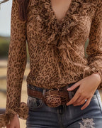 Camicetta con Volant con Scollo a V Stampa Leopardo