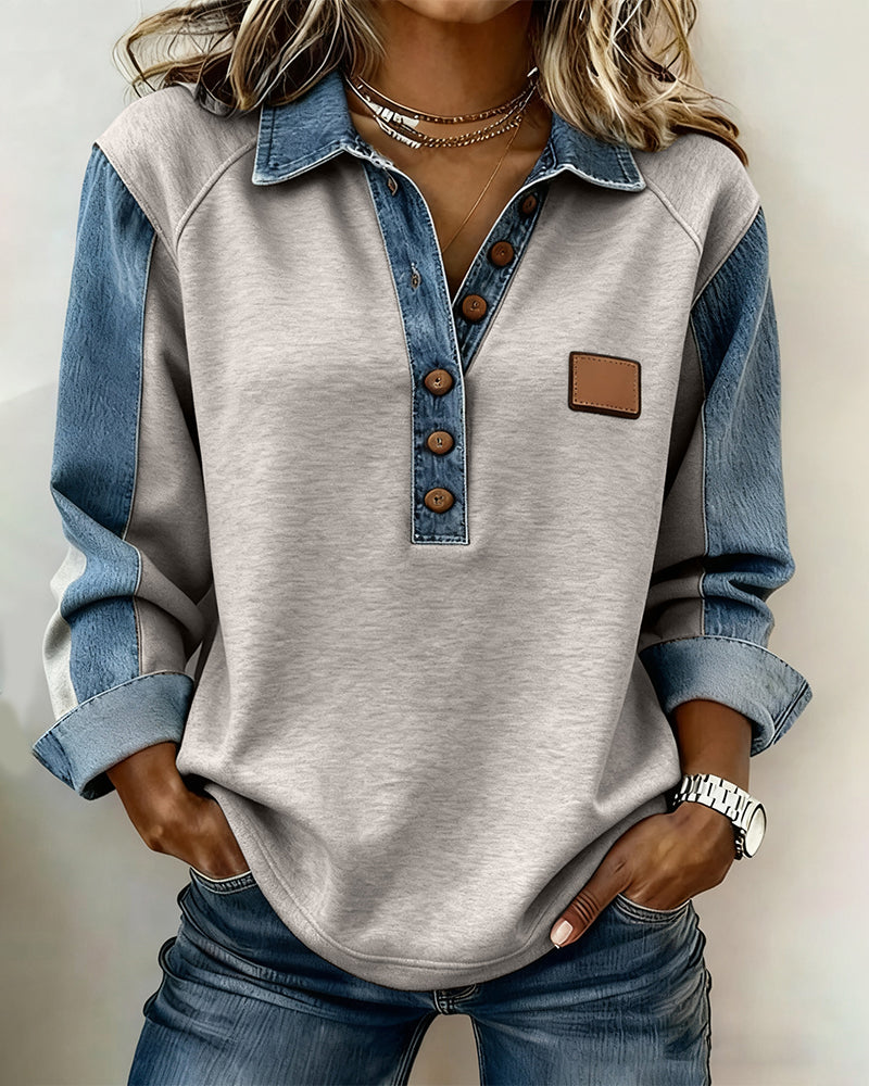 Elegante felpa con patchwork in denim a maniche lunghe