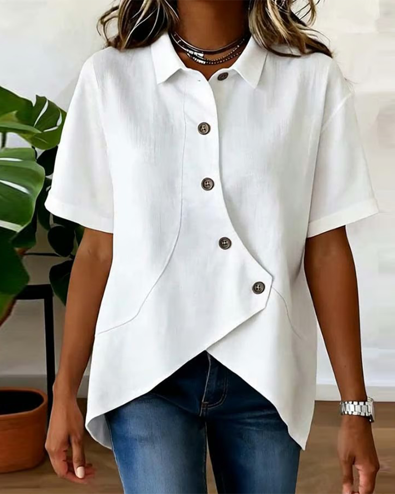 Camicia con Patta in Cotone-lino Asimmetrica abbottonata