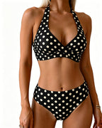 Bikini due pezzi a pois con scollo a fiocco