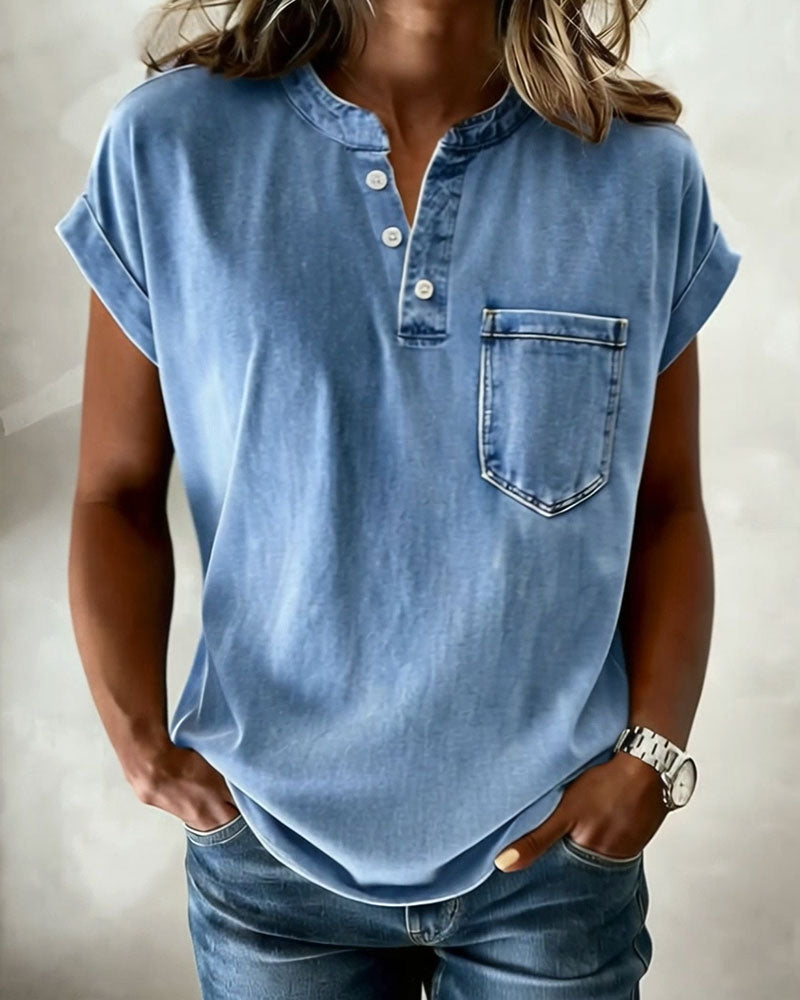 Top in denim lavato Henley a maniche corte