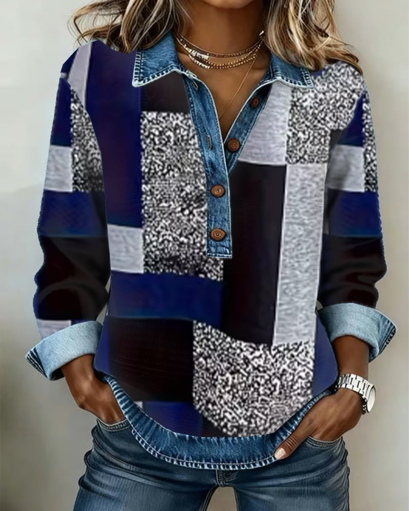 Felpa in denim patchwork stampato casual