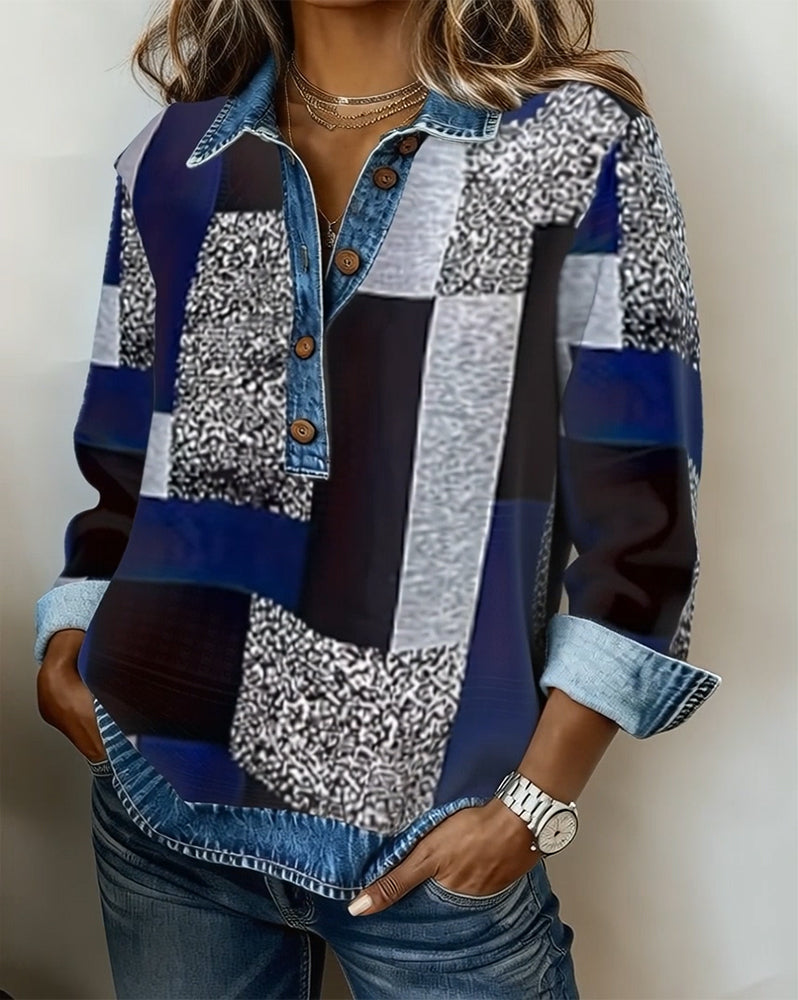 Felpa in denim patchwork stampato casual