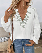 Camicetta casual stampata a maniche lunghe con scollo a V
