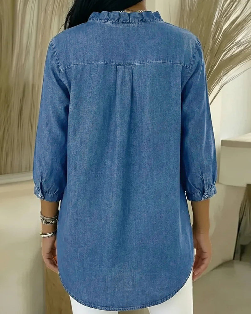 Camicetta con Volant Collo a V Denim