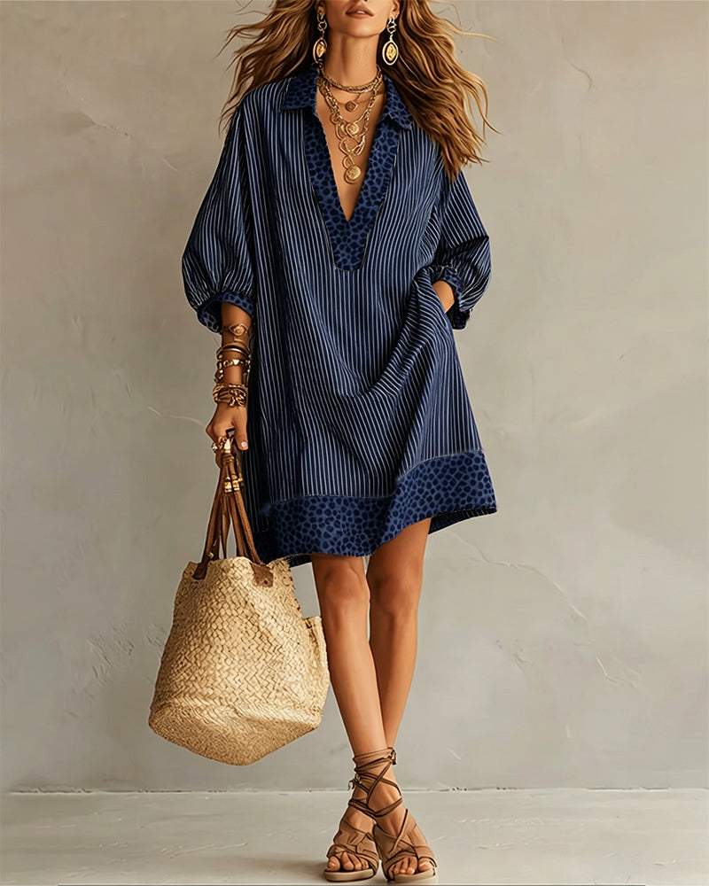 Vestito con Pannello Stampa Leopardata Manica a Sbuffo Camicia a Righe
