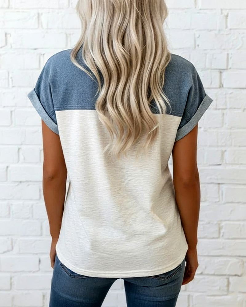 T-Shirt Abbottonatura Patchwork Collo Rovesciato