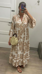 Bianca | Abito lungo boho con stampa barocca e maniche a campana