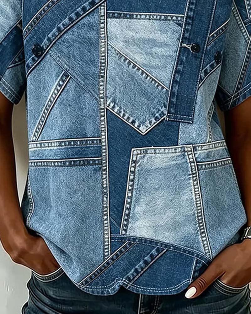 T-shirt Jeans Patchwork Stampa Designer