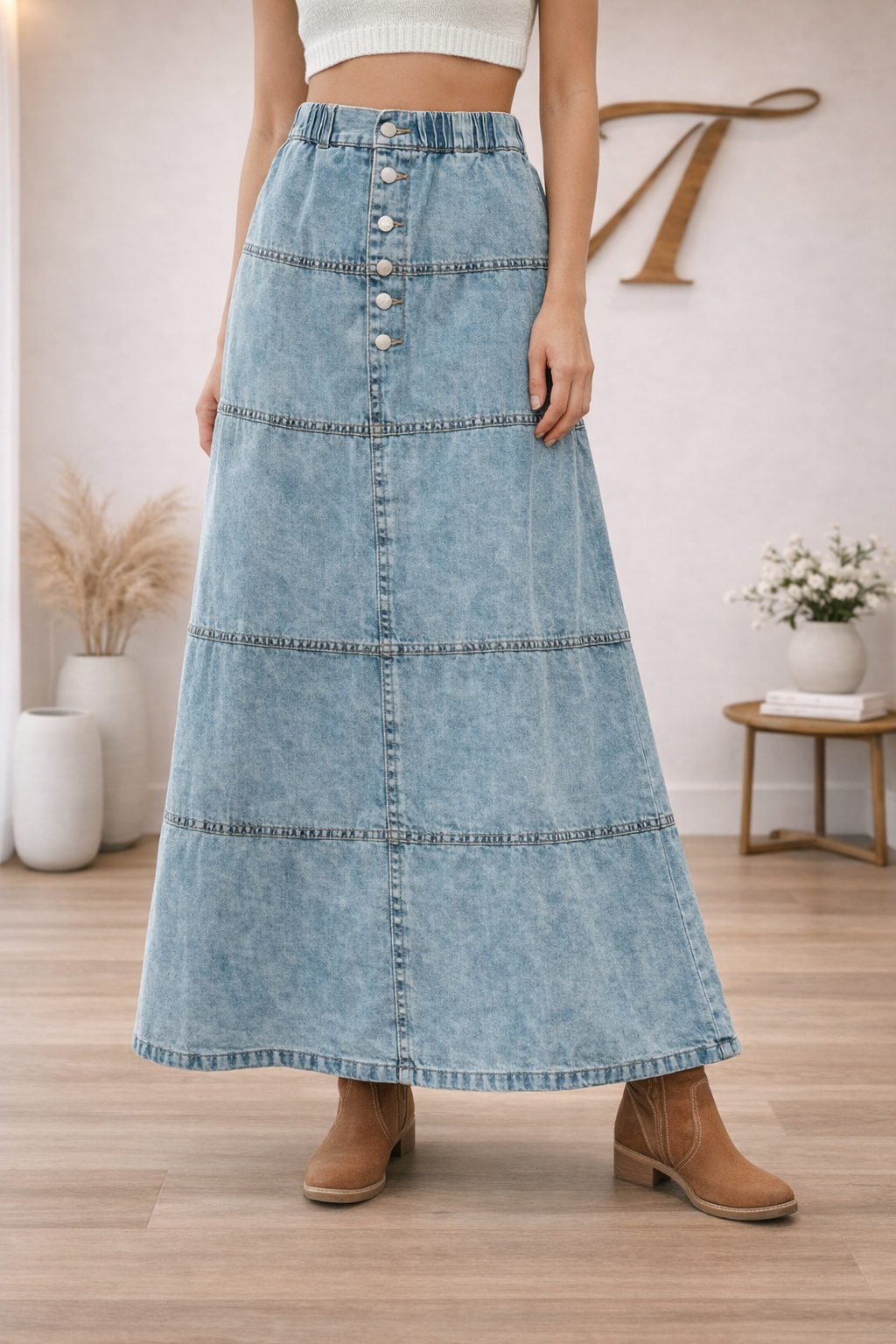 Gonna lunga in denim Lorraine con dettagli in piume