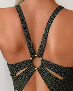 Costume da Bagno Sexy Intero con Stampa Leopardata e Scollo all'Americana
