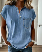 Top in denim lavato Henley a maniche corte