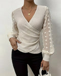 Maglia Scollo a V con Pieghe e Maniche Lunghe