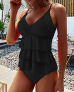 Tankini con spacco e volant a tinta unita