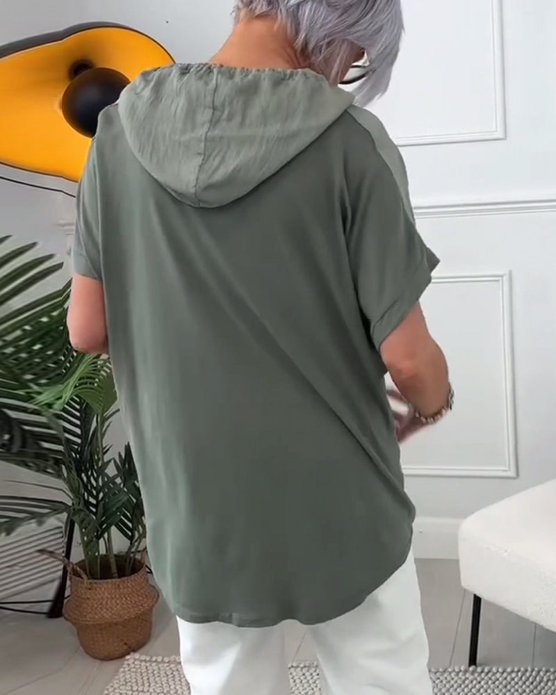 Blusa casual con cappuccio e maniche corte con stampa floreale
