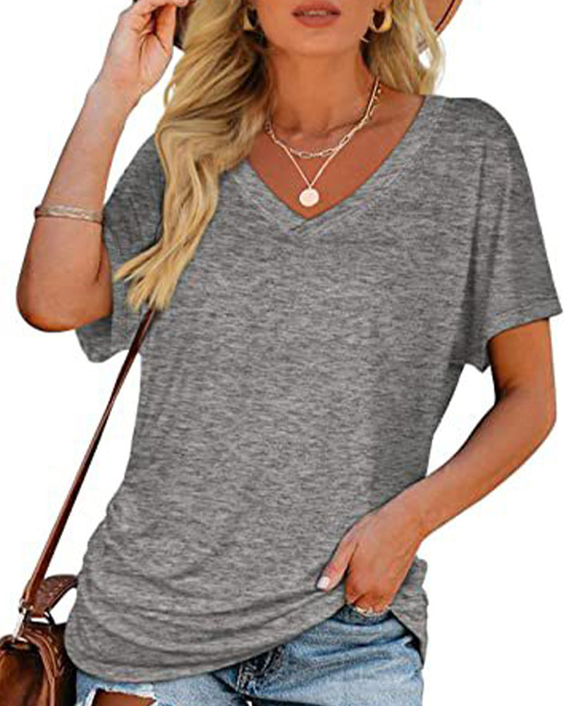 T-shirt Plissé Monocromatico con Scollo a V