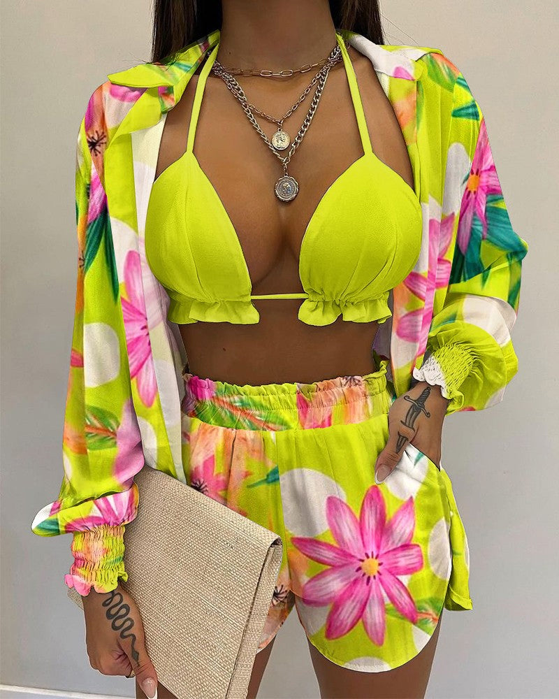 Completo bikini tre pezzi con camicia a maniche a sbuffo