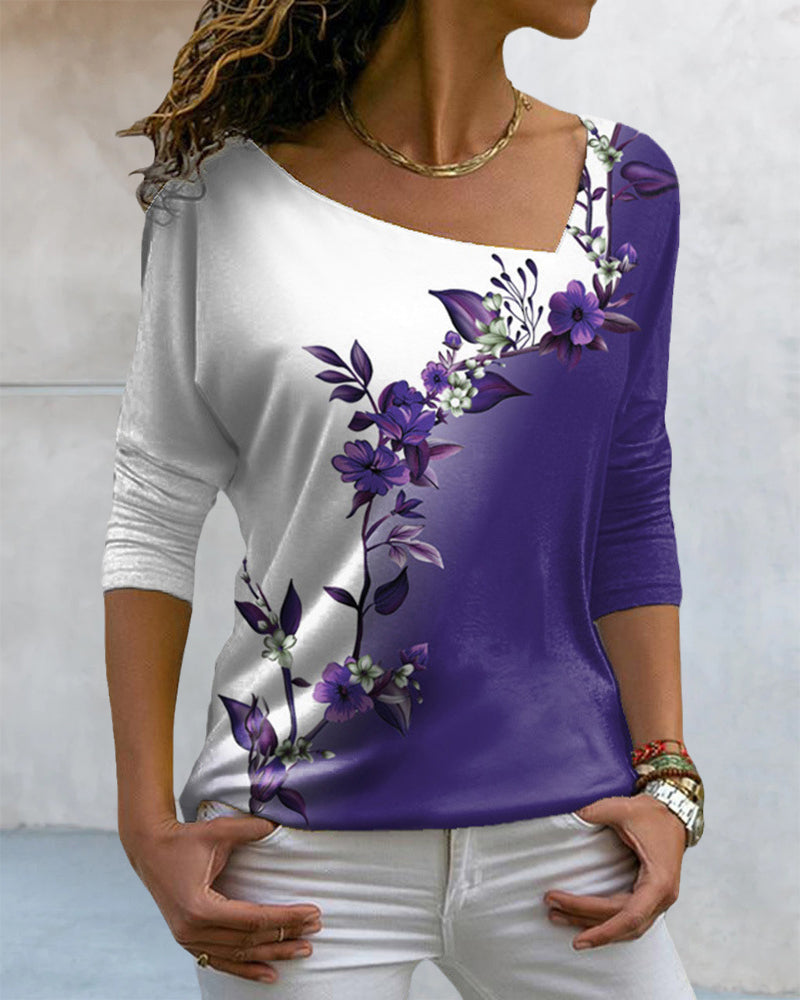 Top a maniche lunghe con scollo a V a stampa floreale