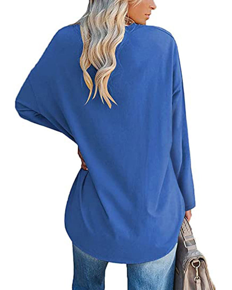 T-shirt donna tinta unita scollo a V maniche lunghe