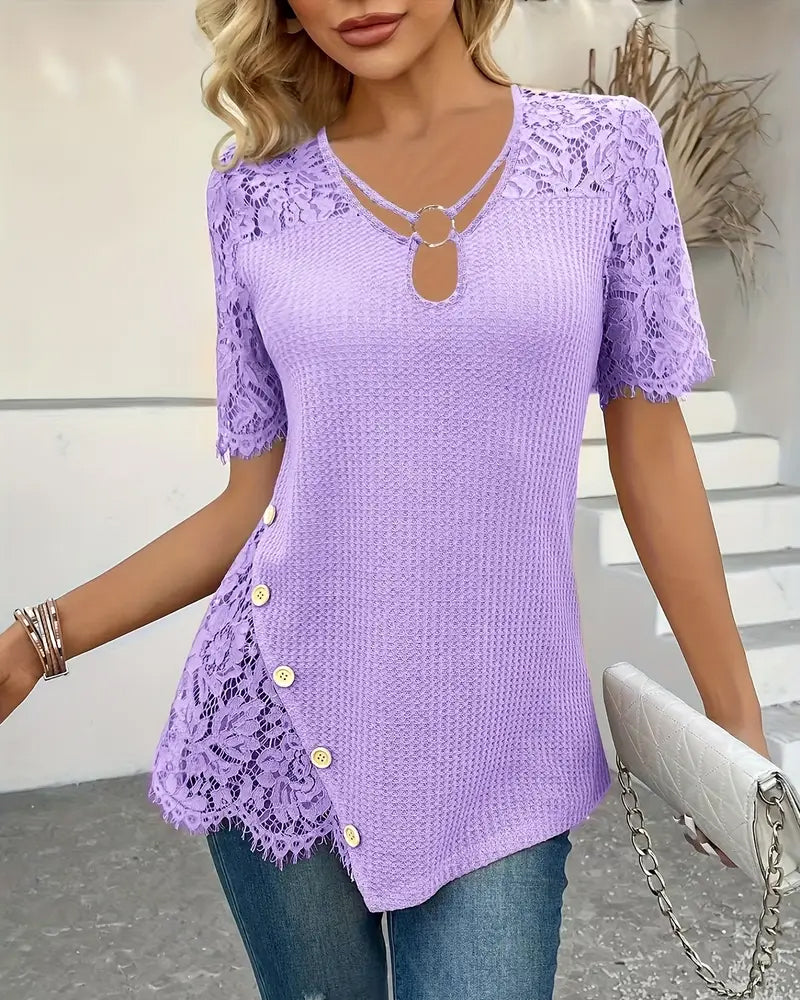 T-shirt in pizzo con pannello lavorato a maglia