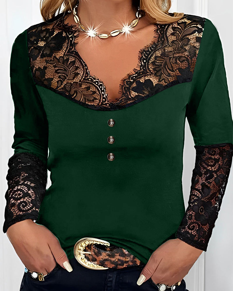 Top a maniche lunghe in pizzo con scollo a V