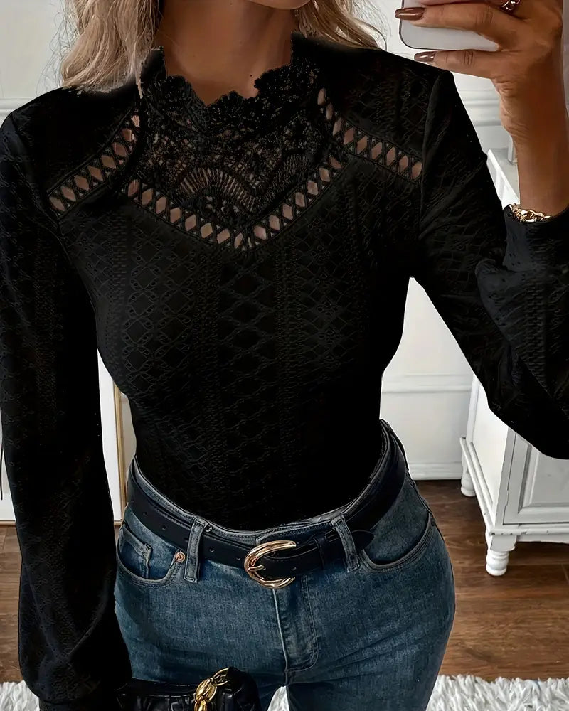 Top in pizzo girocollo maniche lunghe