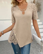 T-shirt in pizzo con pannello lavorato a maglia