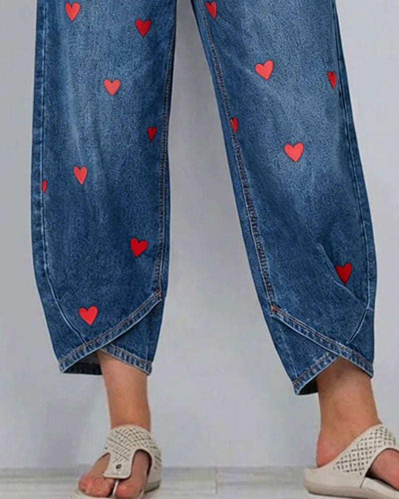Pantaloni Caviglia Denim con Stampa Cuore