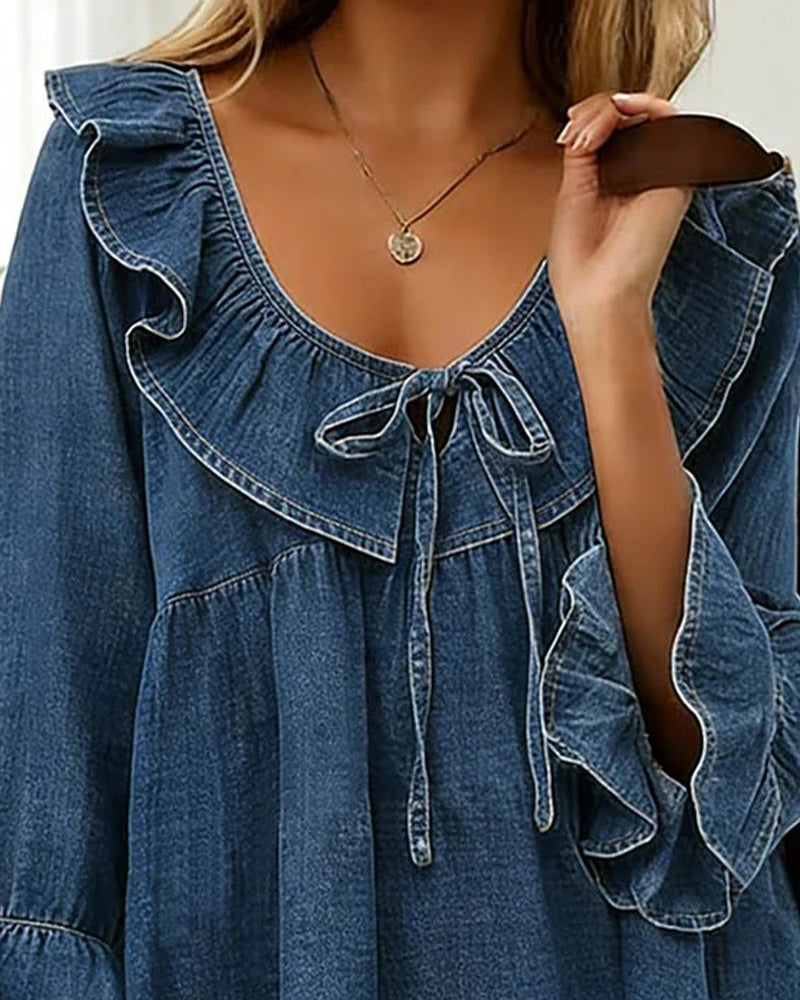 Camicetta Con Fiocco E Volant In Denim Con Scollo Rotondo