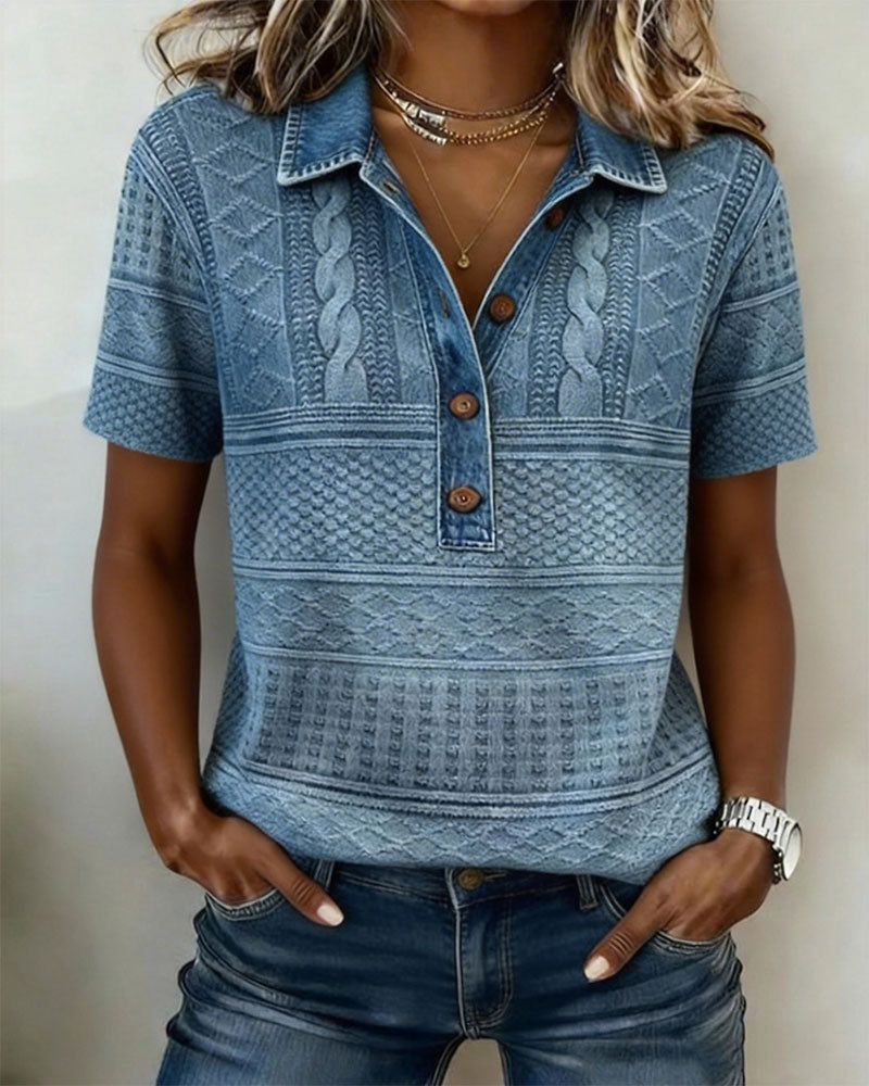 T-Shirt Collo Tasca Denim Stampato