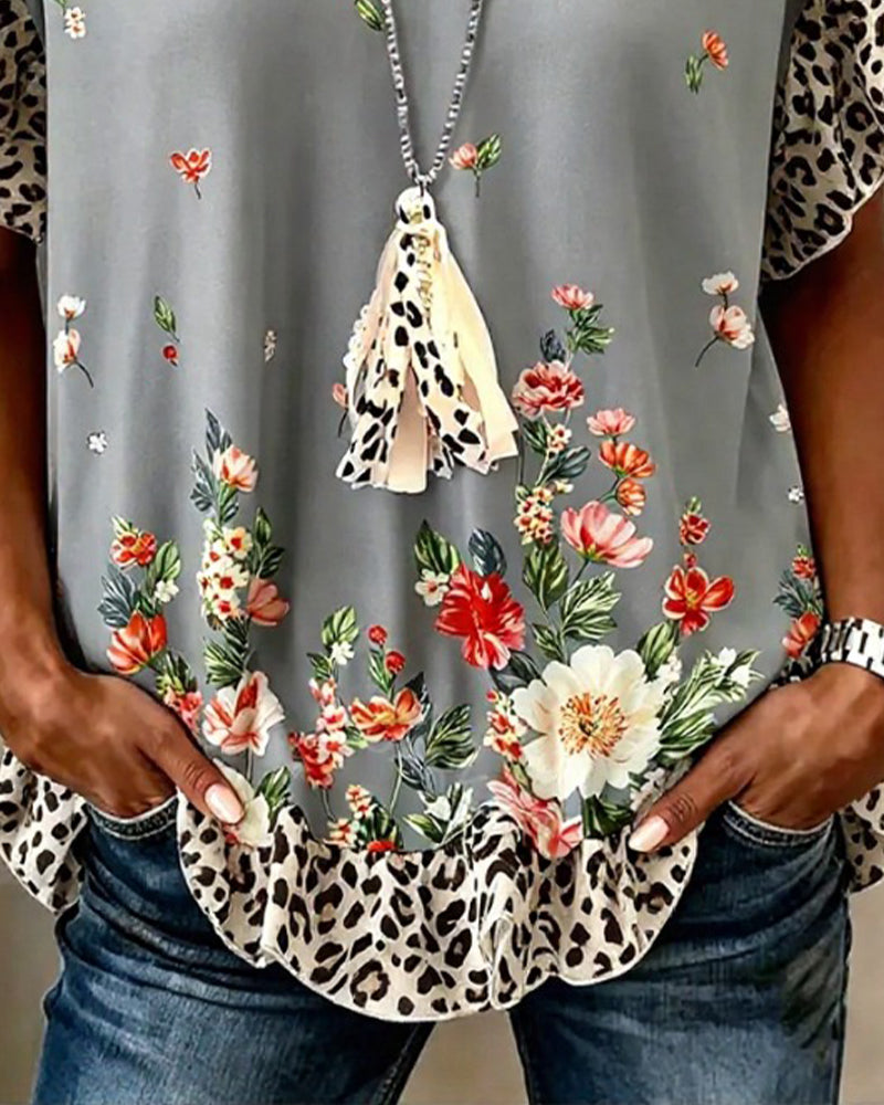 T-Shirt Leopard Patchwork Stampa Floreale