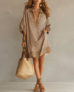Vestito con Pannello Stampa Leopardata Manica a Sbuffo Camicia a Righe