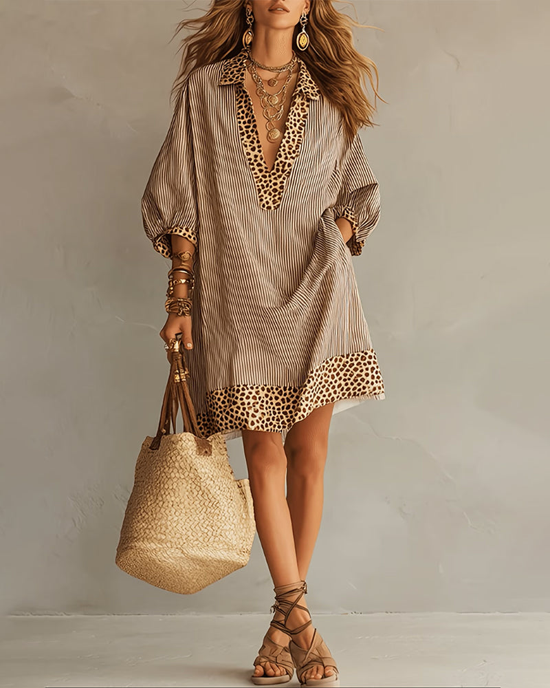 Vestito con Pannello Stampa Leopardata Manica a Sbuffo Camicia a Righe