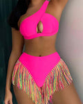 Costume bikini da donna tinta unita con frange decorative