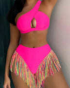 Costume bikini da donna tinta unita con frange decorative