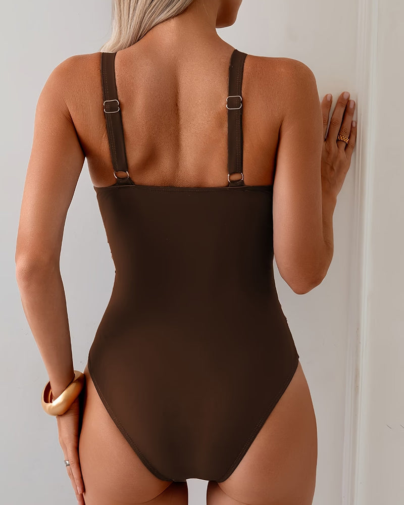 Costume da bagno intero scollato a V con stampa leopardata
