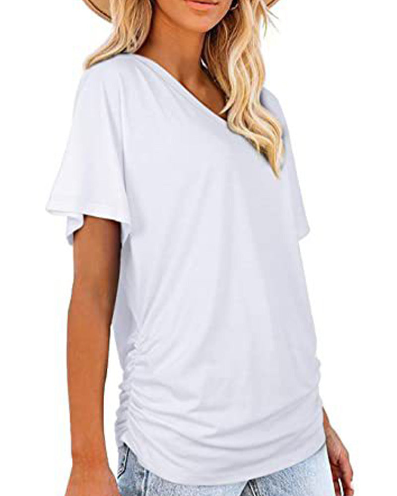 T-shirt Plissé Monocromatico con Scollo a V